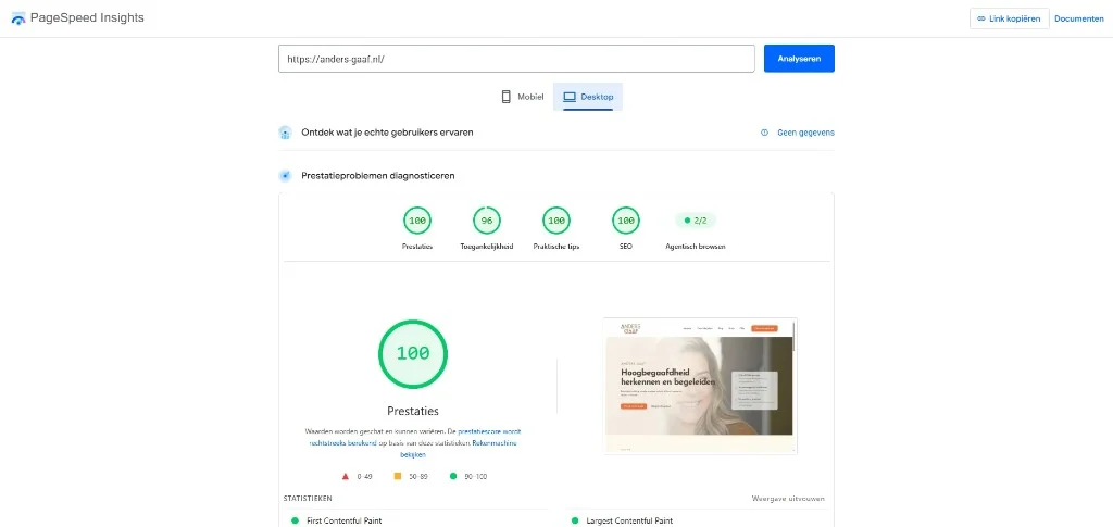 Google PageSpeed Insights desktop-rapport voor andersgaaf.nl met Prestaties 100, Toegankelijkheid 96, Praktische tips 100 en SEO 100