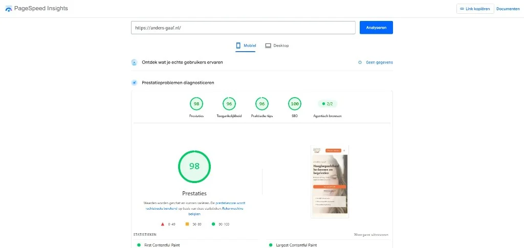 Google PageSpeed Insights mobiel-rapport voor andersgaaf.nl met Prestaties 98, Toegankelijkheid 96, Praktische tips 96 en SEO 100
