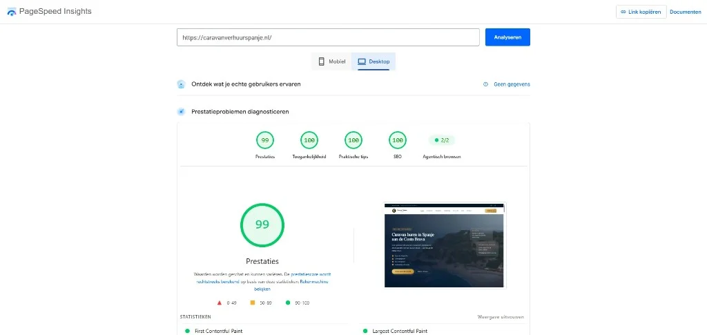 Google PageSpeed Insights desktop-rapport voor caravanverhuurspanje.nl met Prestaties 99, Toegankelijkheid 100, Praktische tips 100 en SEO 100