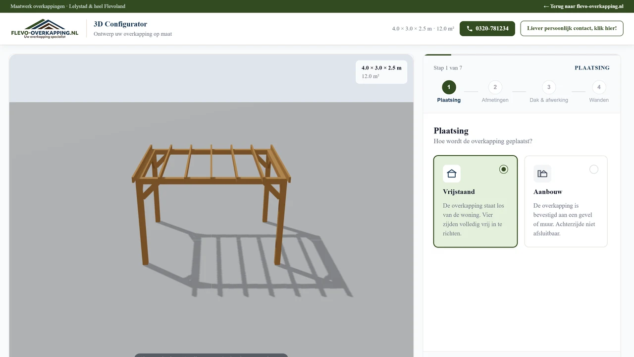 Interactieve 3D-configurator van Flevo Overkapping met overkappingsmodel, keuzestappen en actuele prijsindicatie