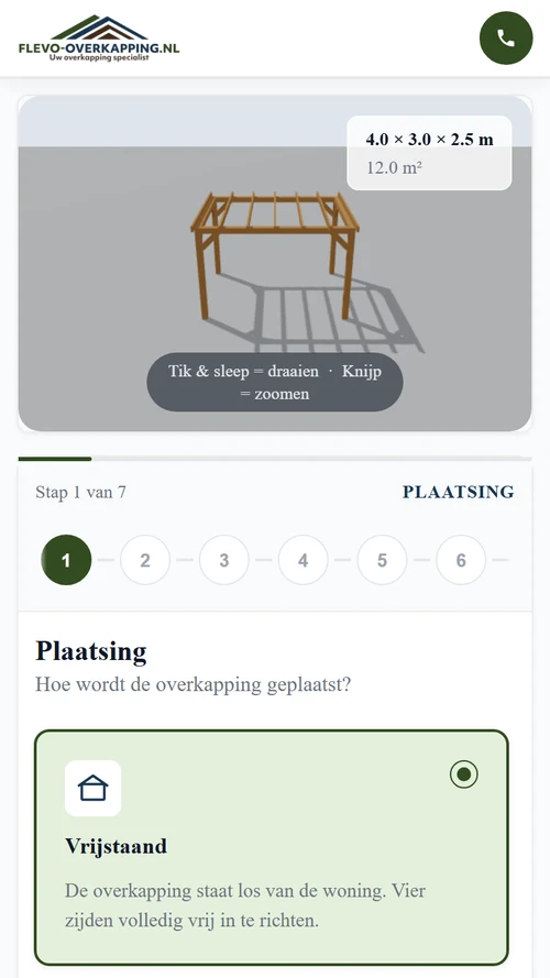 Mobiele weergave van de configurator met 3D-preview en stapsgewijze keuzes
