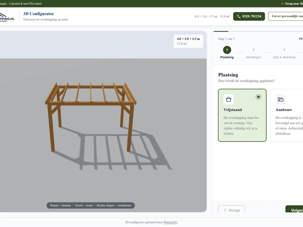 Configuratiescherm met 3D-model en productopties in 4:3-kader