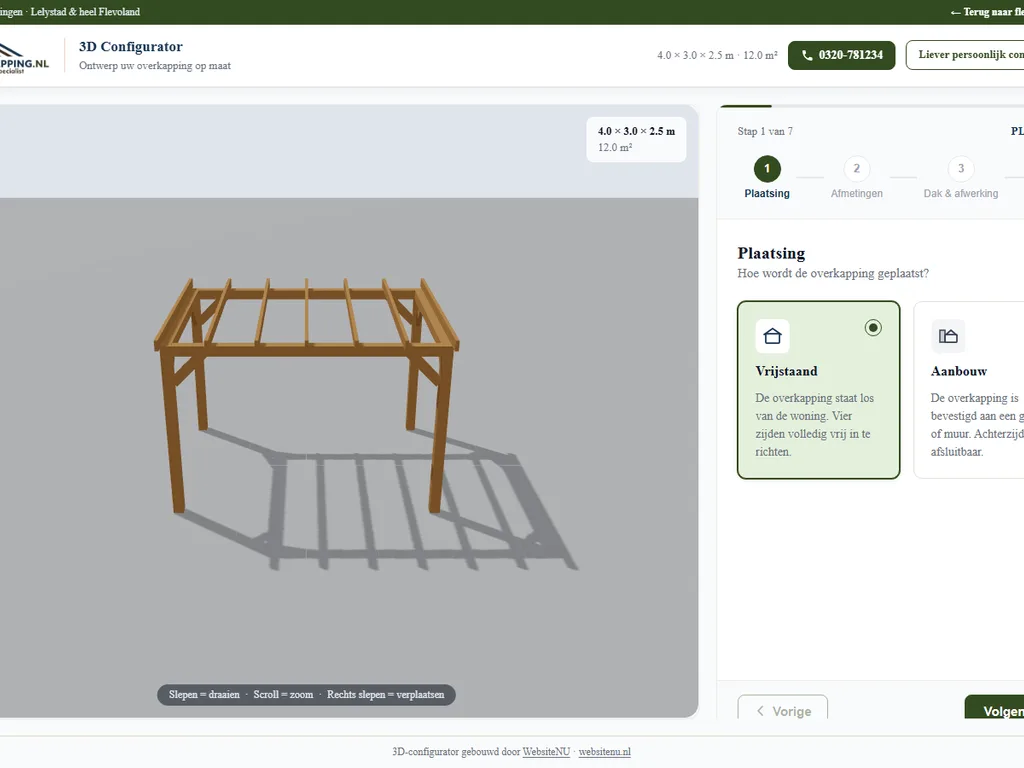 Realtime 3D-model van een maatwerk overkapping in de Flevo Overkapping-configurator