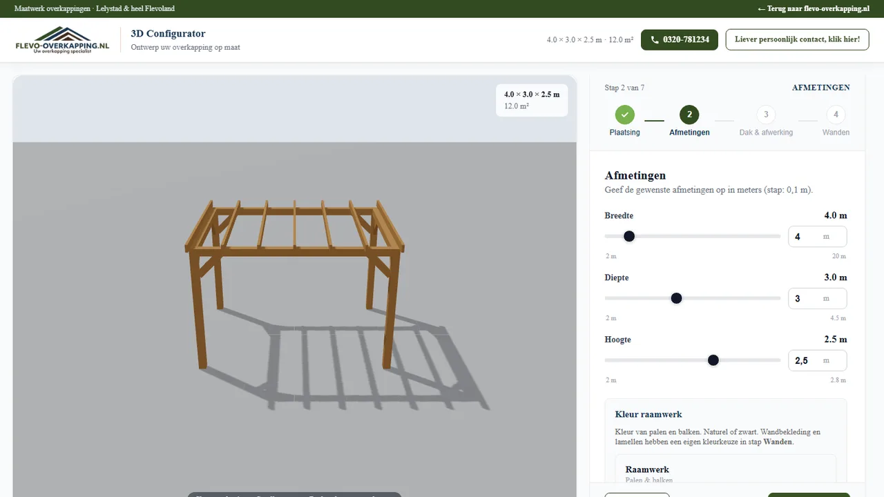 Prijs- en samenvattingsweergave in de interactieve overkappingsconfigurator