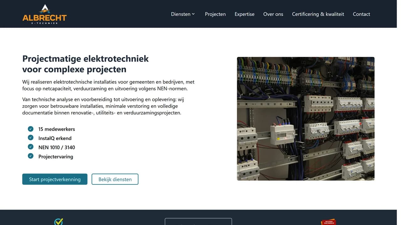 Homepage van Albrechte Techniek met B2B-positionering en diensten