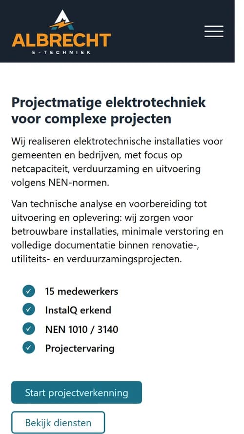 Mobiele weergave van de Albrecht E-Techniek-website met projectinformatie en contactopties