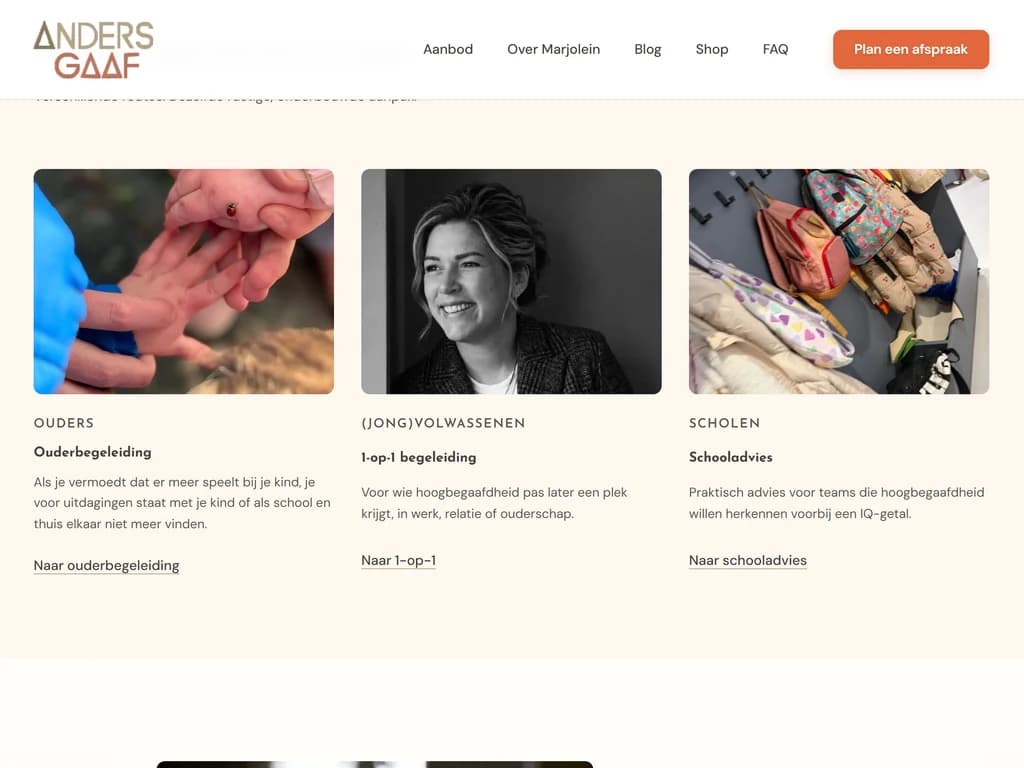 Midsectie van de homepage met aanbod voor ouders, jongvolwassenen en scholen