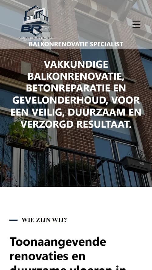 Mobiele weergave van Balkonrenovatie Specialist met hero en menu