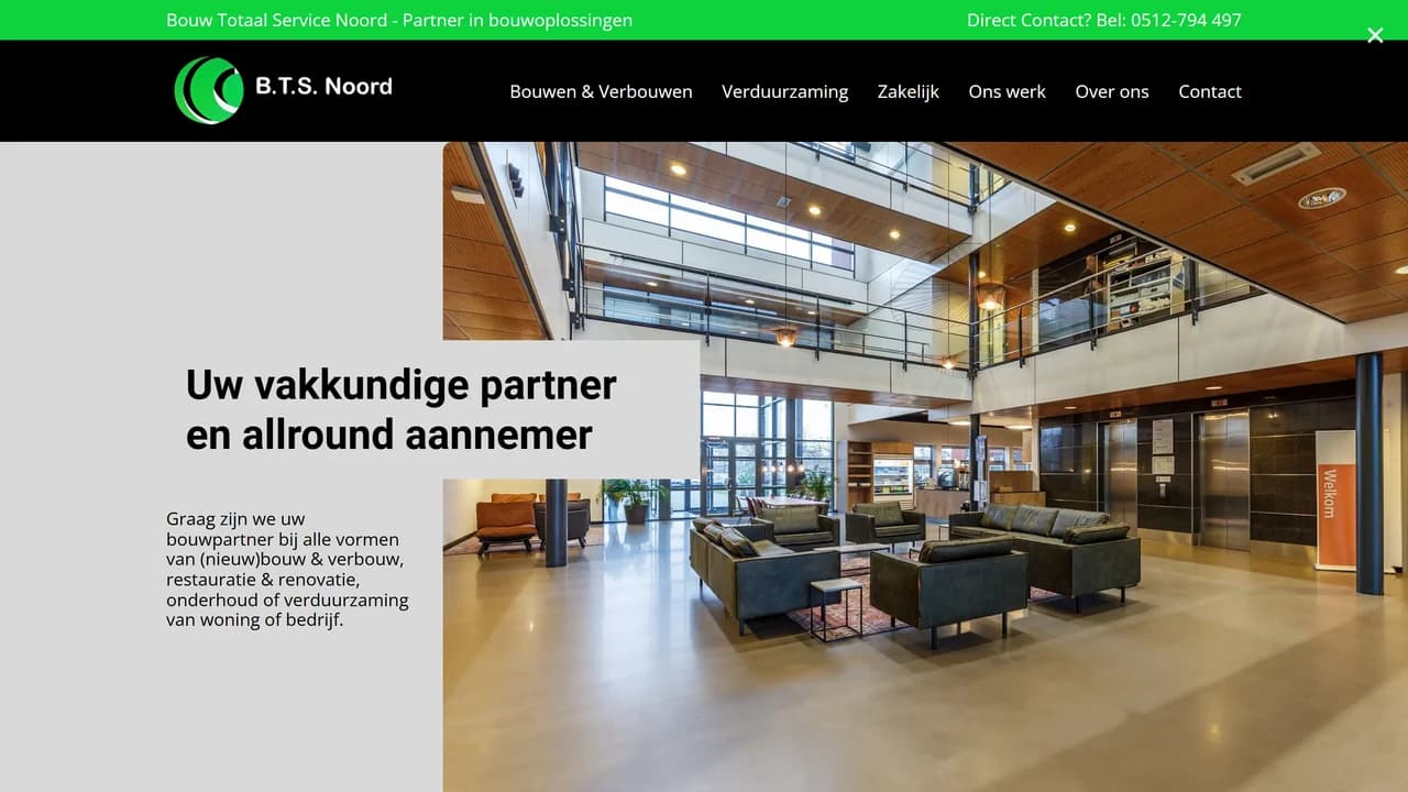 Desktopweergave van de B.T.S. Noord-website met hero, diensten en contactmogelijkheden voor bouw en renovatie