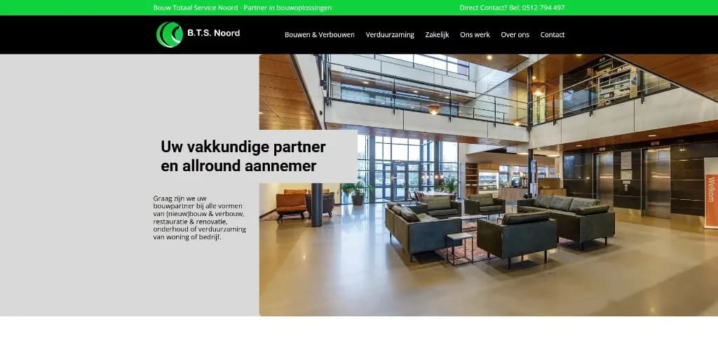 Desktopweergave van de B.T.S. Noord-website met hero, diensten en contactmogelijkheden voor bouw en renovatie