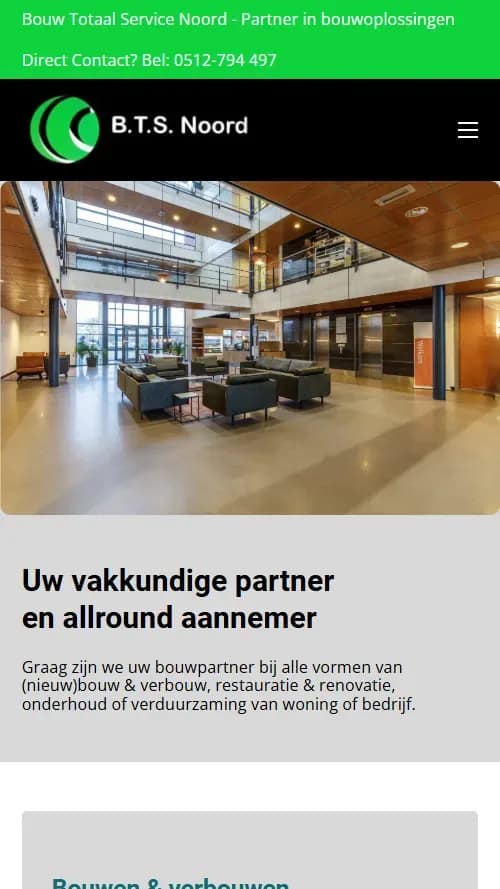 Mobiele weergave van de B.T.S. Noord-website met overzichtelijke diensten en directe contactopties