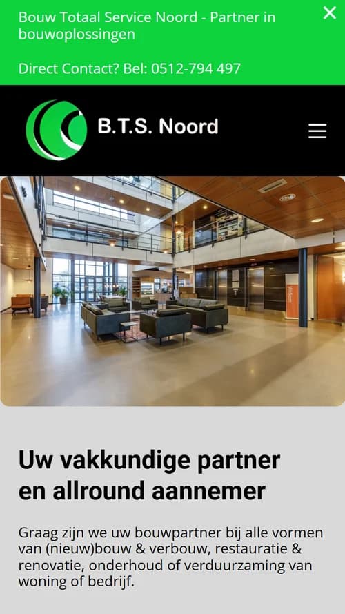 Mobiele weergave van de B.T.S. Noord-website met overzichtelijke diensten en directe contactopties
