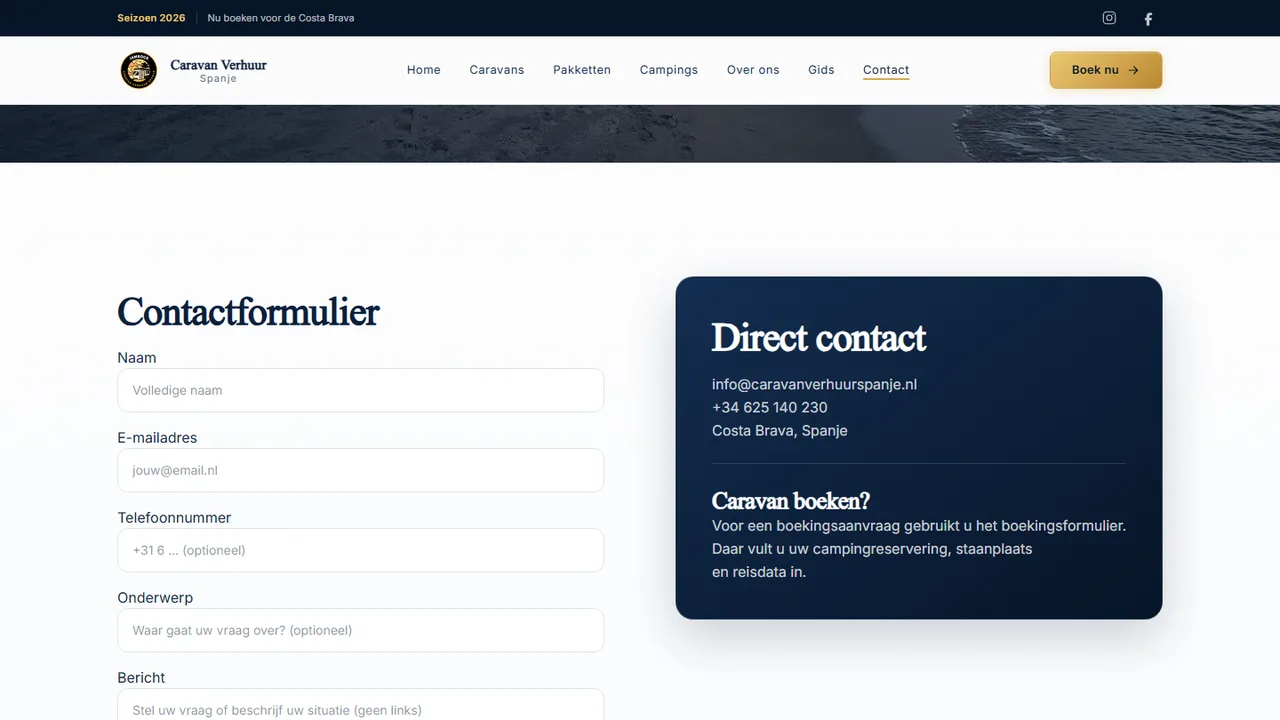 Contactformulier en directe contactgegevens op de website van Caravan Verhuur Spanje
