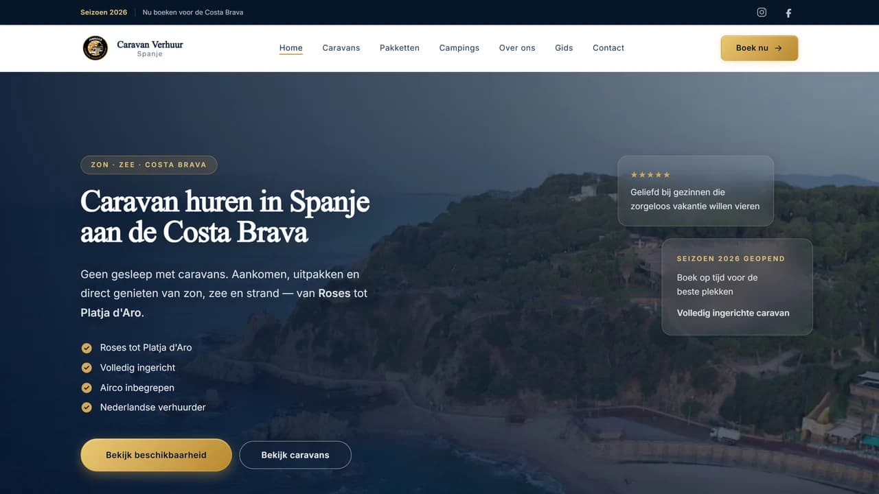 Homepage van Caravan Verhuur Spanje met verhuuraanbod en navigatie naar praktische informatie