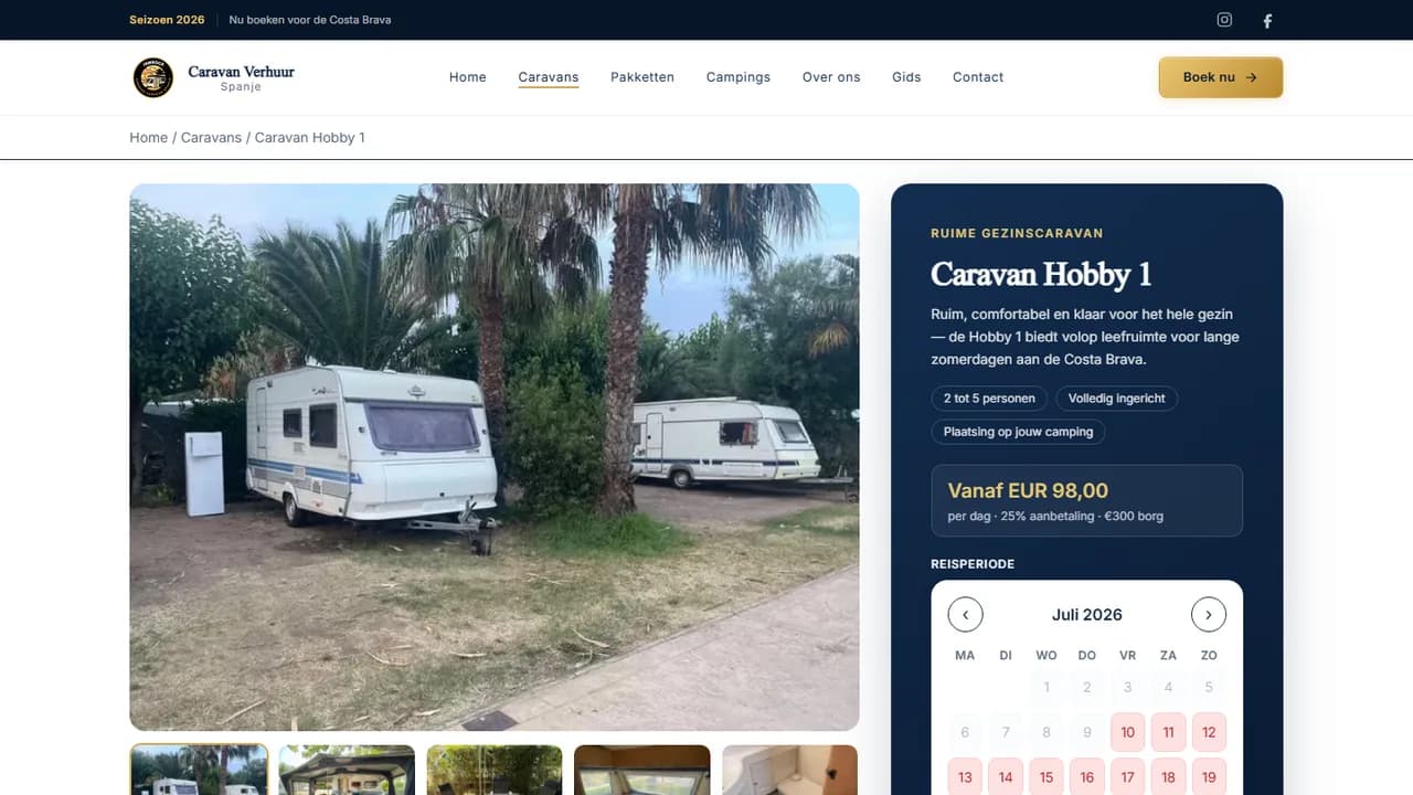 Detailpagina met voorzieningen en informatie over een huurcaravan