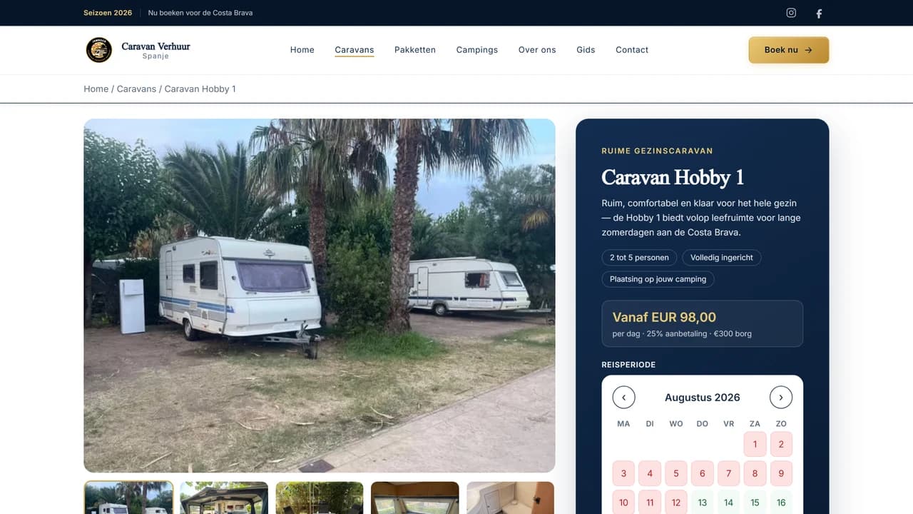 Detailpagina met voorzieningen en informatie over een huurcaravan