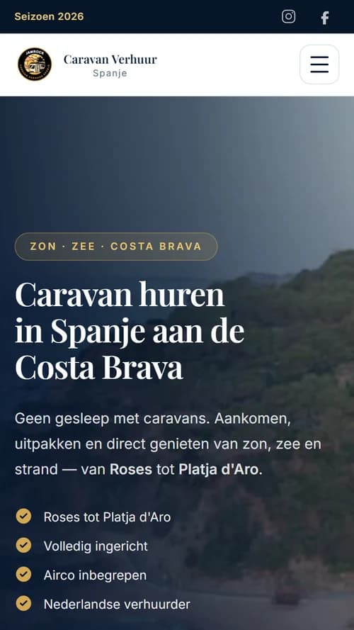 Mobiele weergave van de verhuurwebsite van Caravan Verhuur Spanje