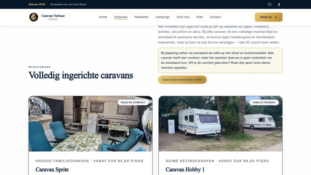 Overzichtspagina met caravans die in Spanje gehuurd kunnen worden