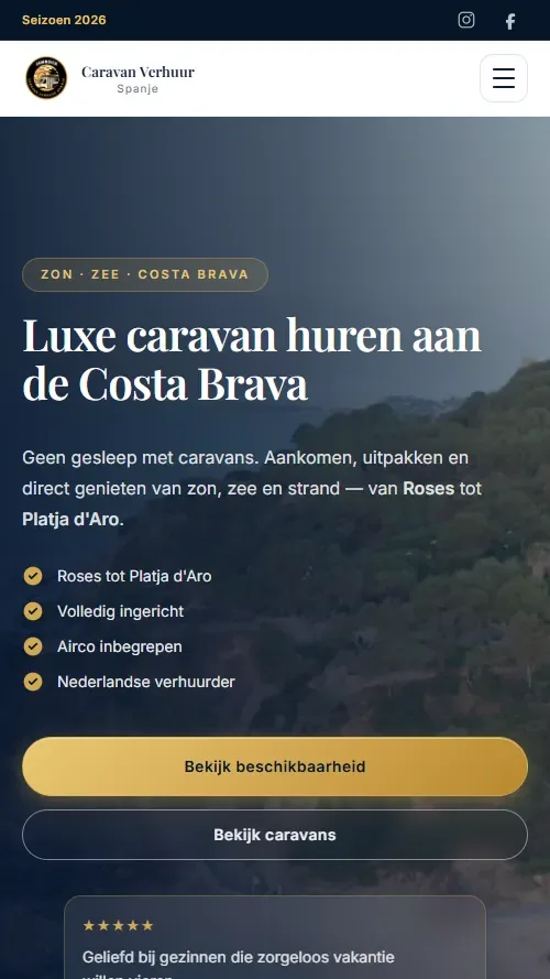 Mobiele weergave van de Caravan Verhuur Spanje-website met beschikbaarheid en caravaninformatie
