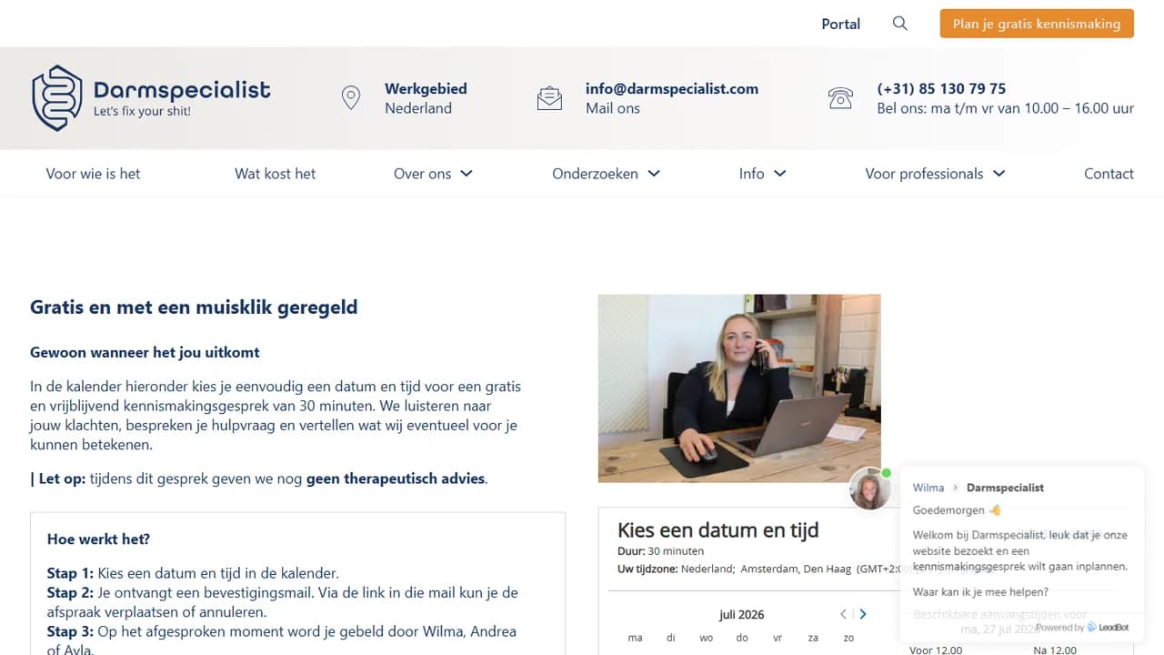 Pagina om een gratis kennismaking te plannen op de Darmspecialist-website