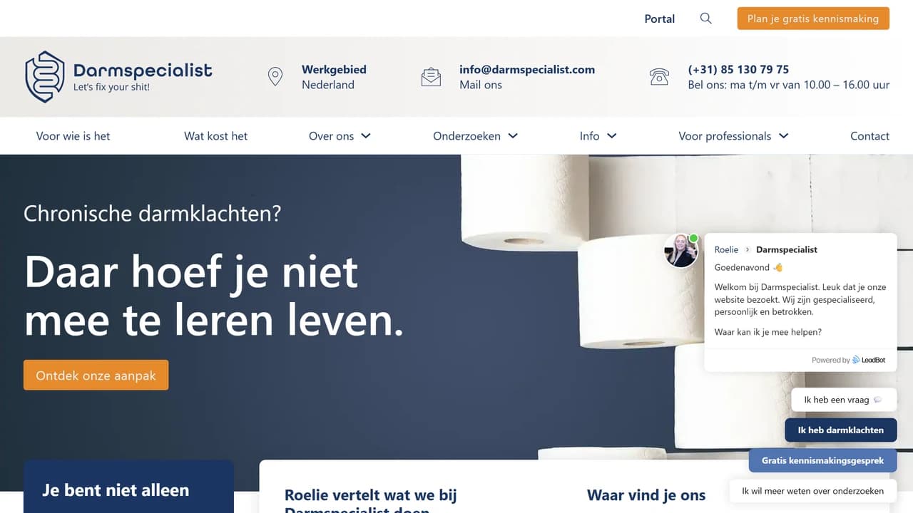 Homepage van Darmspecialist met introductie over chronische darmklachten en duidelijke vervolgstap