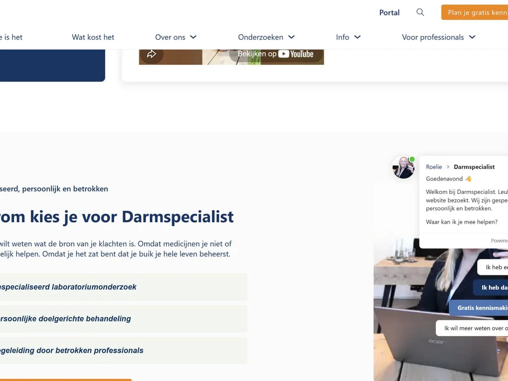 Midsectie van de Darmspecialist-homepage met diensten en vertrouwenssignalen