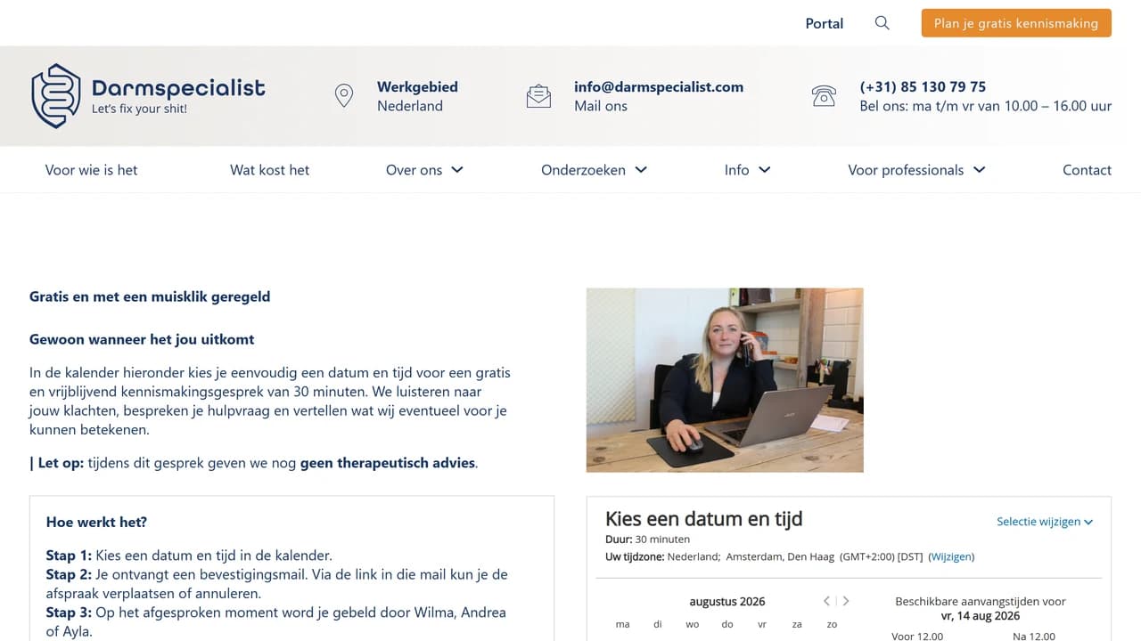 Pagina om een gratis kennismaking te plannen op de Darmspecialist-website