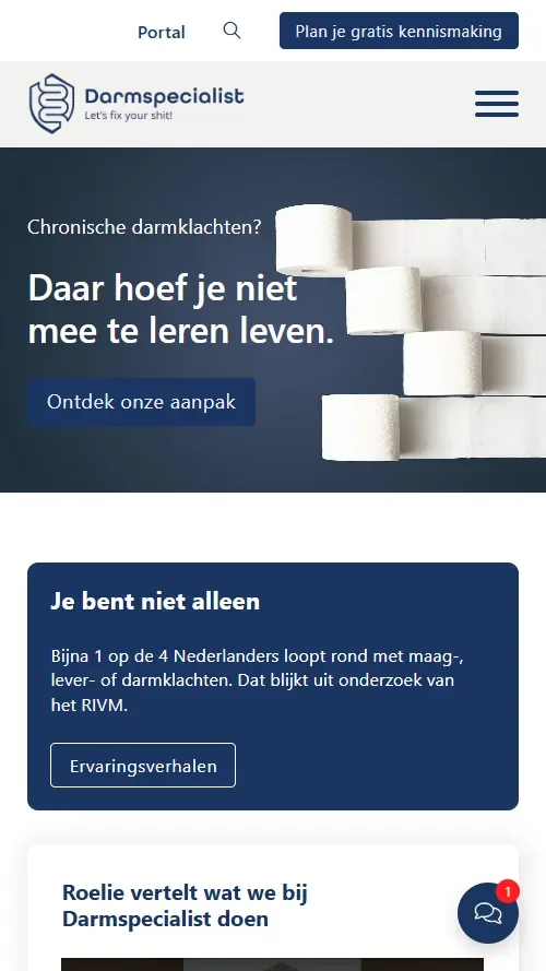Mobiele weergave van de Darmspecialist-website met overzichtelijke content en contactmogelijkheden