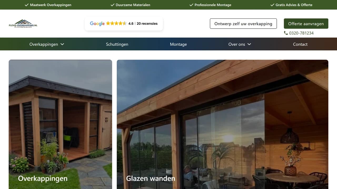 Desktopweergave van de Flevo-Overkapping-website met categorieën voor overkappingen en glazen wanden