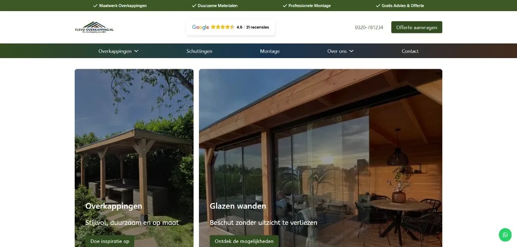 Desktopweergave van de Flevo-Overkapping-website met categorieën voor overkappingen en glazen wanden
