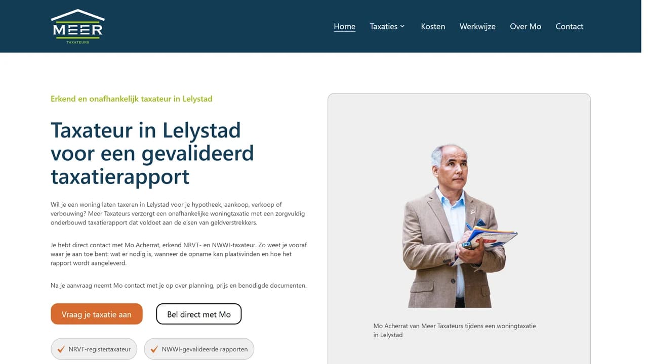 Desktopweergave van de Meer Taxateurs-website met hero, diensten en contactmogelijkheden voor woningtaxaties in Lelystad