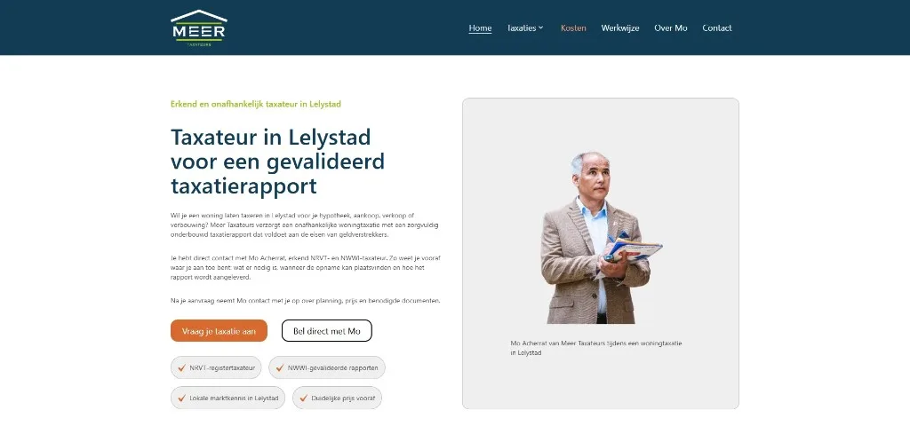Desktopweergave van de Meer Taxateurs-website met hero, diensten en contactmogelijkheden voor woningtaxaties in Lelystad
