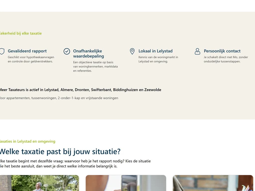 Midsectie van de homepage met diensten en vertrouwenssignalen