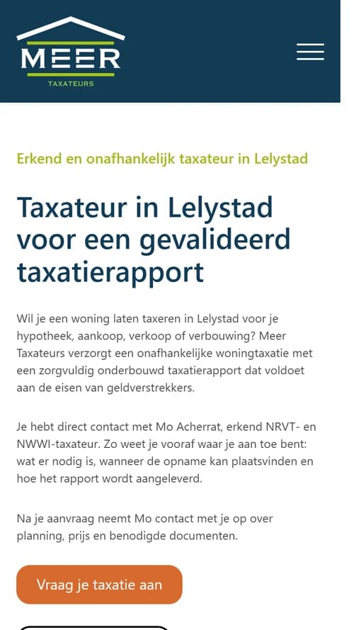Mobiele weergave van de Meer Taxateurs-website met heldere CTA's voor een taxatieaanvraag in Lelystad