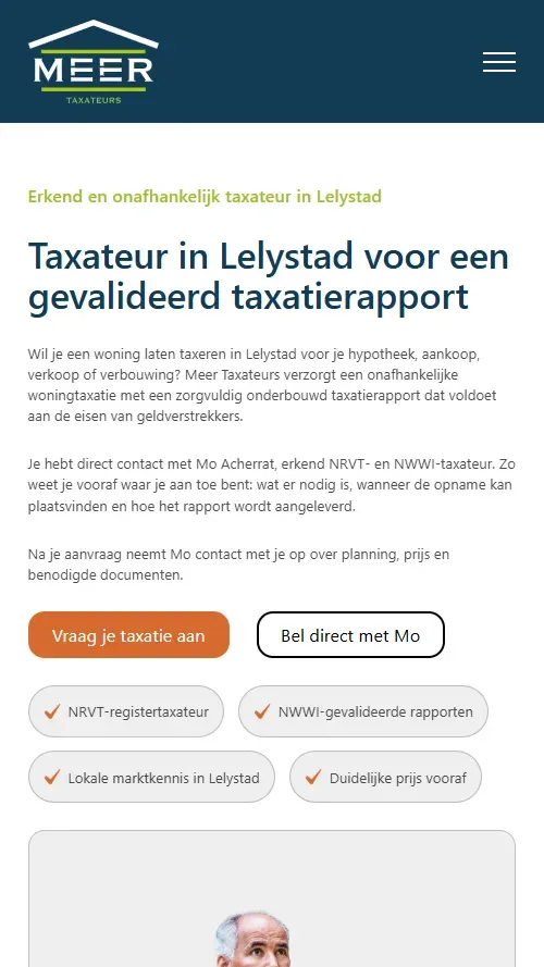 Mobiele weergave van de Meer Taxateurs-website met heldere CTA's voor een taxatieaanvraag in Lelystad
