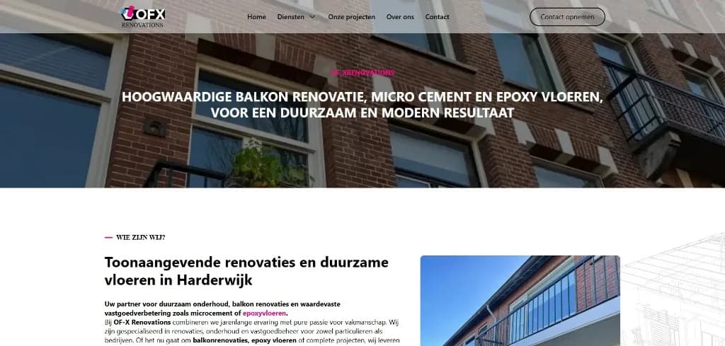 Desktopweergave van de OF-X Renovations-website met diensten voor balkonrenovatie en gietvloeren in Harderwijk