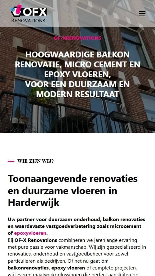 Mobiele weergave van de OF-X Renovations-website met renovatiediensten en contactmogelijkheden