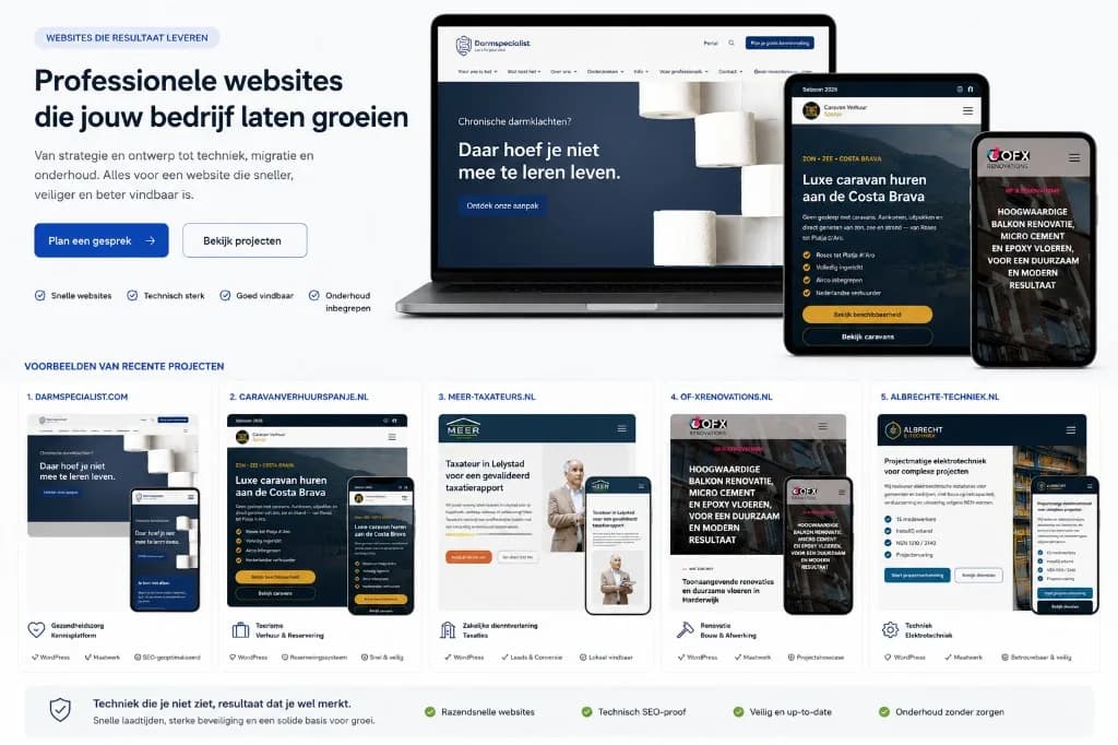 Illustratief overzicht van vijf WebsiteNU-projecten op desktop en mobiel: Darmspecialist, Caravan Verhuur Spanje, Meer Taxateurs, Balkonrenovatie Specialist en Albrecht E-Techniek