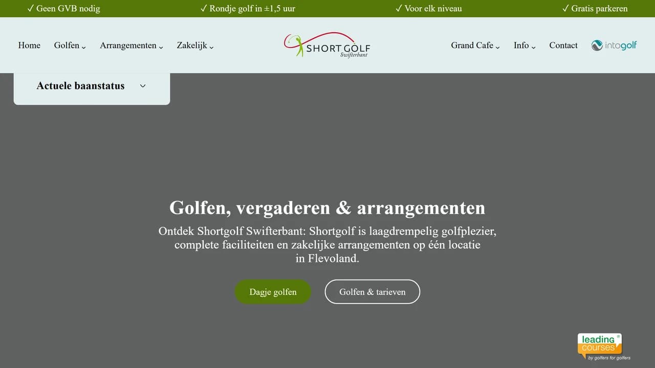 Desktopweergave van de Shortgolf Swifterbant-website met golfbaan, arrangementen en tarieven