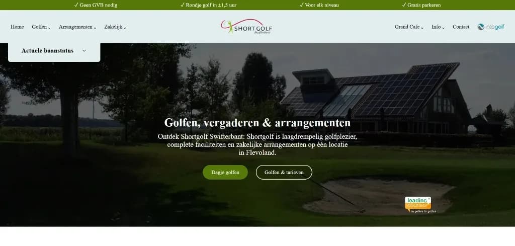 Desktopweergave van de Shortgolf Swifterbant-website met golfbaan, arrangementen en tarieven