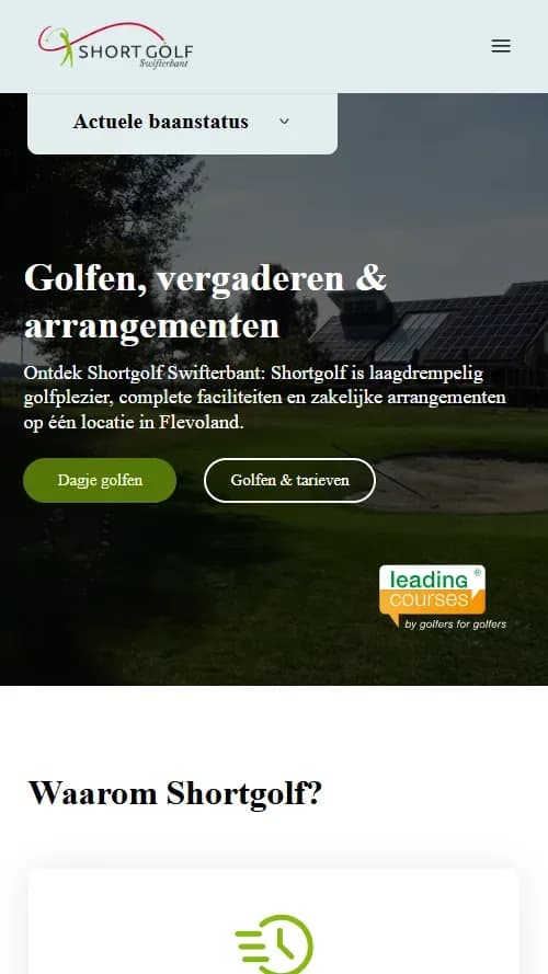 Mobiele weergave van de Shortgolf Swifterbant-website met hero en golfmogelijkheden