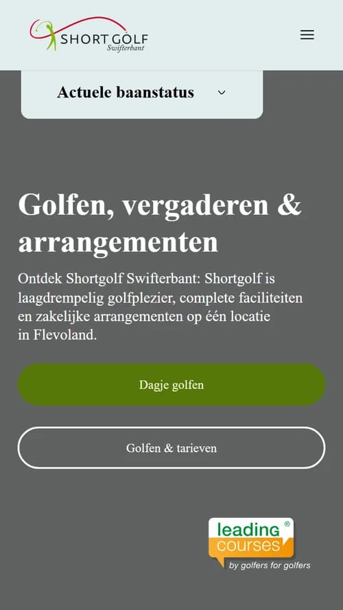 Mobiele weergave van de Shortgolf Swifterbant-website met hero en golfmogelijkheden