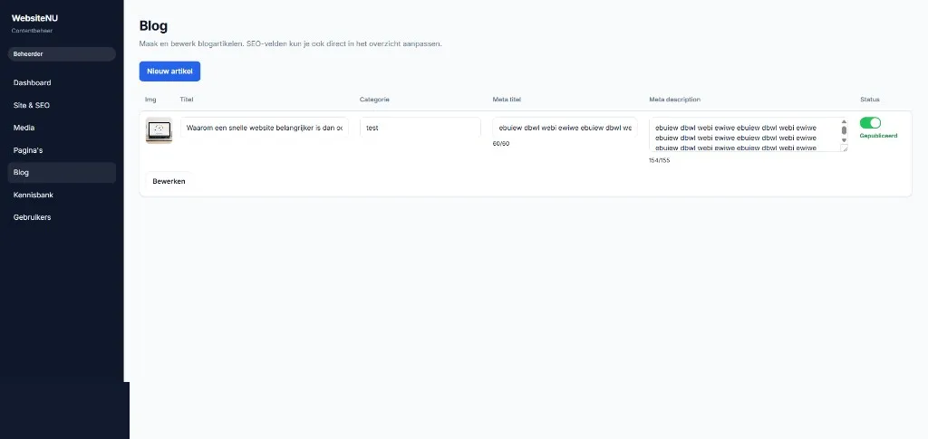 Blogbeheer met afbeelding, categorie, metadata en publicatiestatus