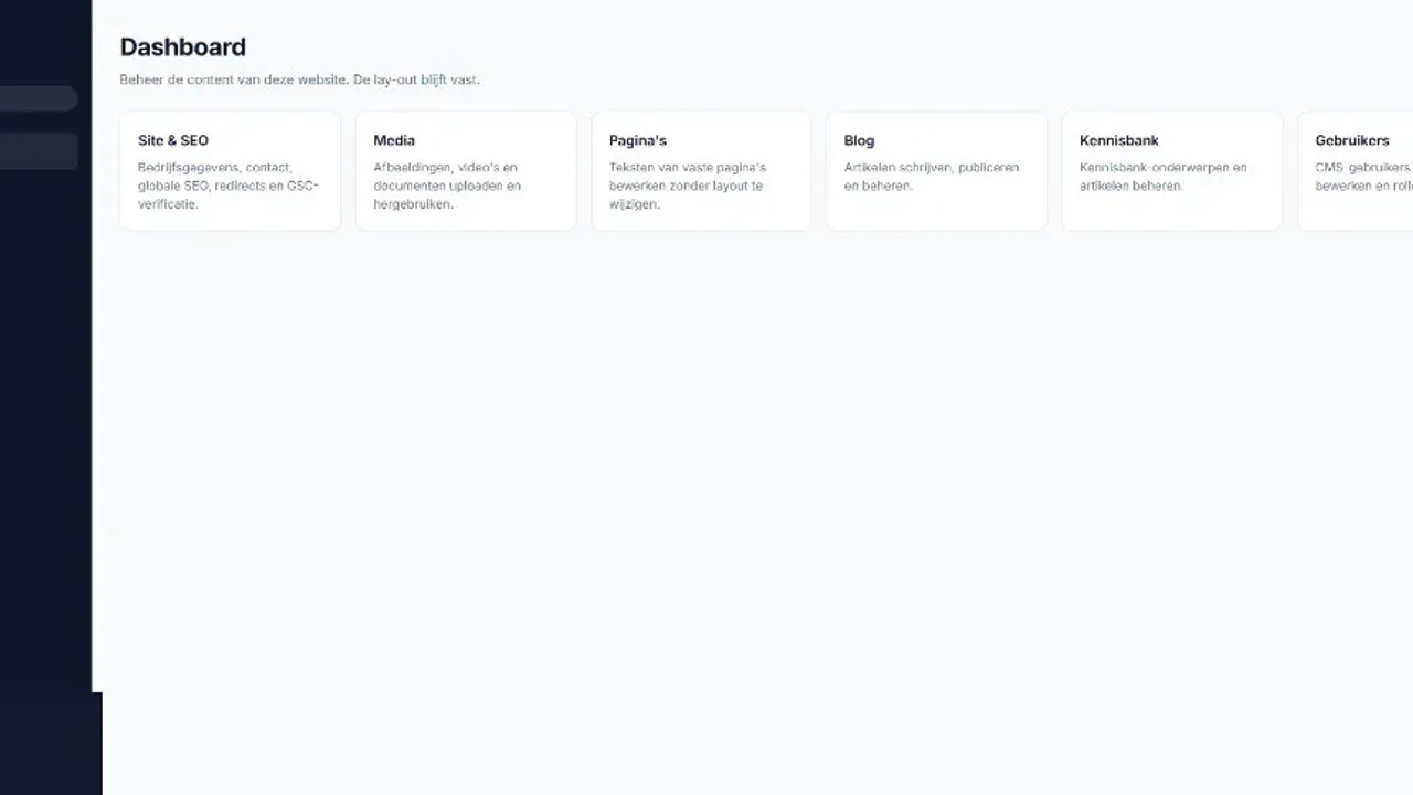 Dashboard van WebsiteNU Beheer met modules voor pagina's, SEO, media, blog en gebruikers