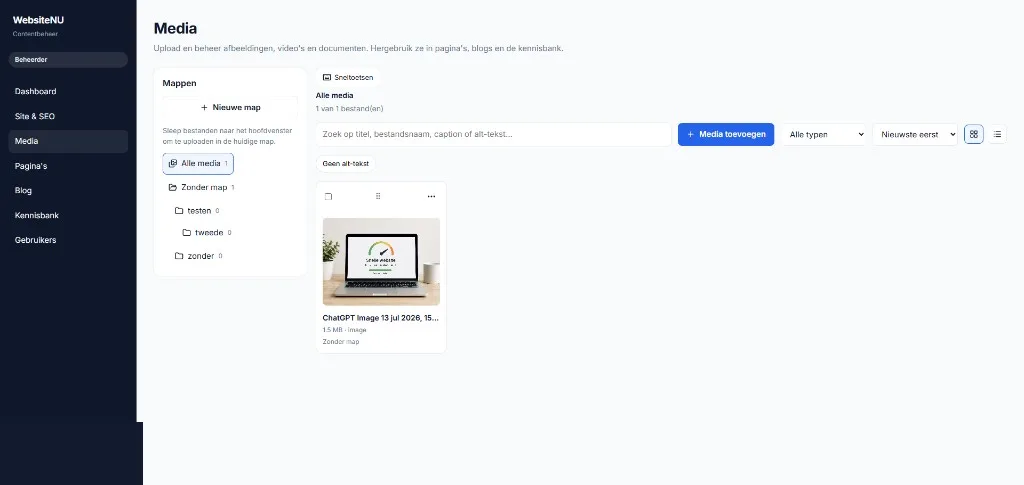 Mediamodule in een maatwerk beheeromgeving met mappen, zoeken en uploads
