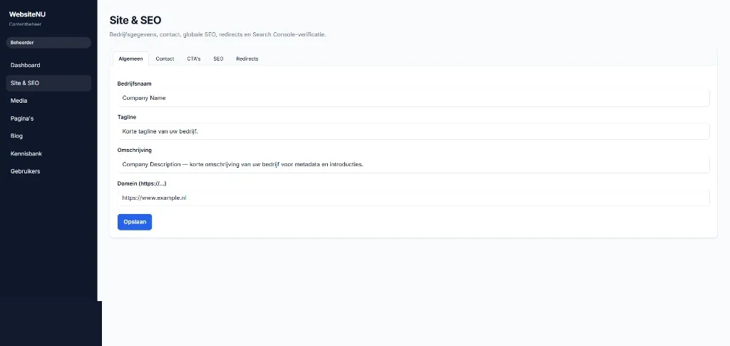 Site- en SEO-module in het custom CMS met velden voor bedrijfsgegevens en metadata